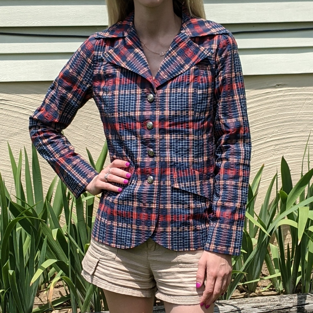 Vintage 1970s Handmade Navy Plaid Blazer Jacket